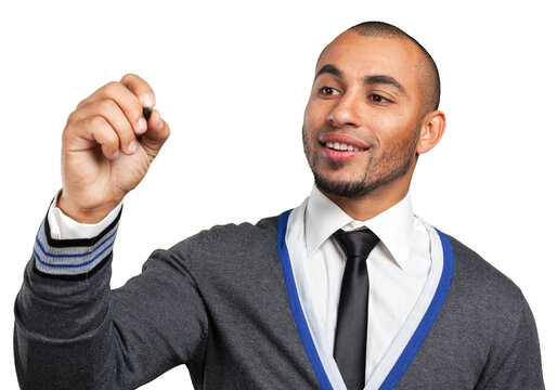 Man in a cardigan gestures toward a point in front of a white background