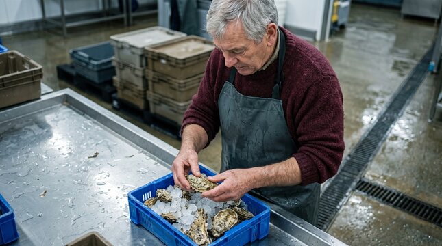 Inspector sorts iced oysters for wholesale receiving