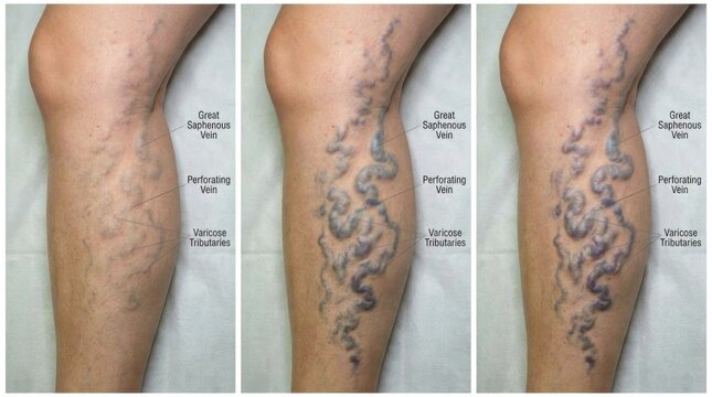 Human leg affliction: varicose vein, vascular problem, Great Saphenous, perforating vein, venous tributary, circulatory burden, medical concern, dermal health.