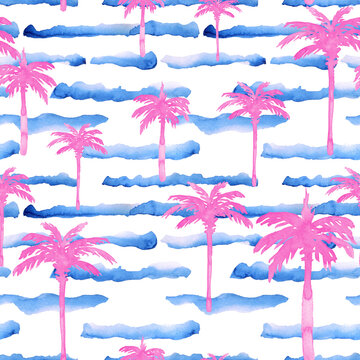 Pink palm trees and blue sea waves on white background. Tropical beach seamless pattern. Watercolor texture