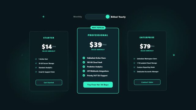 Website pricing plan interface with monthly and yearly toggle animation
