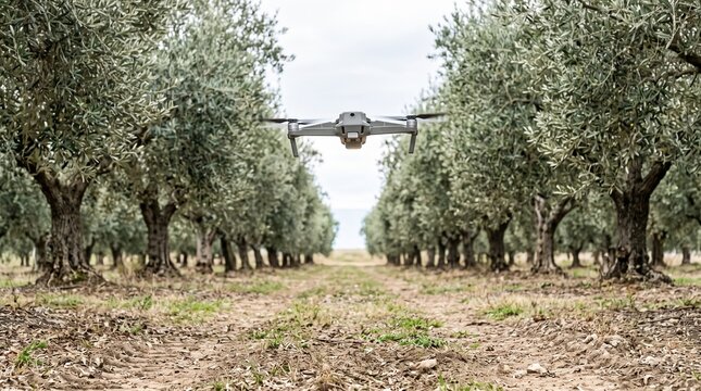 Survey drone hovering above orderly olive rows