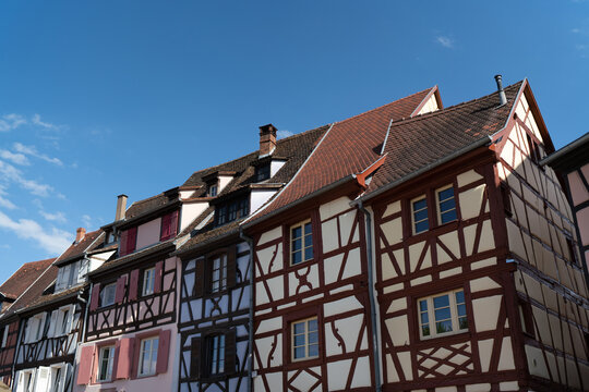 A close-up of the roofs and the typical half-timbered architecture of the houses in Colamr, Alsace "maison &agrave; colombages" or "Fachwerkhaus"