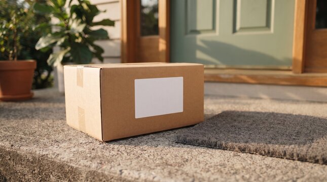 Cardboard box with a blank shipping label rests on a concrete porch beside a doormat in front of a house entrance on a sunny day.