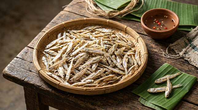 Traditional dried and salted small fish displayed in a woven bamboo tray with banana leaves and dipping sauce