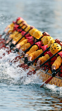 A team of paddlers in yellow helmets and life jackets vigorously rowing a dragon boat across the water.