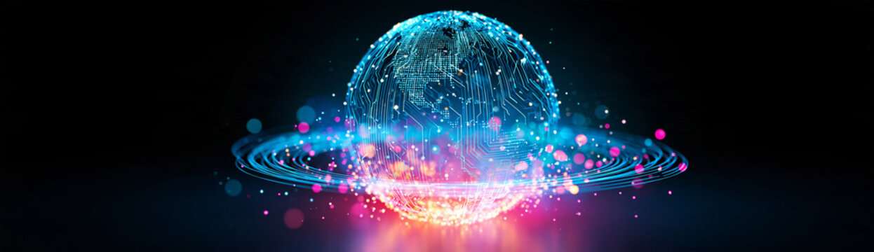A glowing digital globe with neon rings and particles floating in a dark space, symbolizing technology and futuristic data networks.