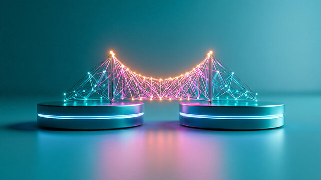 A glowing, futuristic digital bridge made of interconnected neon lines and nodes spans two circular platforms in a high-tech, blue-lit environment.