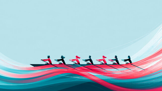 A stylized illustration of six rowers in a boat, rowing in sync with dynamic, flowing lines in shades of red, pink, and blue, symbolizing teamwork and movement.