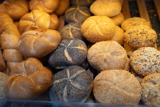 Traditional bread and rolls at a traditional Austrian bakery in Tyrol, Austria: Kaisersemmel, Mohnweckerl, Sesamweckerl, K&ouml;rnerweckerl, Roggenbr&ouml;tchen, K&ouml;rnerbr&ouml;tchen,  Bauernbr&ouml;tchen, Vinschger Paarl