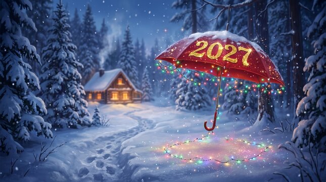 A beautiful winter landscape features a charming cabin warmly lit against a backdrop of the stunning aurora borealis showing the year two thousand twenty three