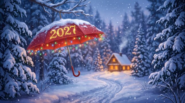 Magical winter scene with a cozy cabin illuminated in the snowy forest and a festive 2023 sign
