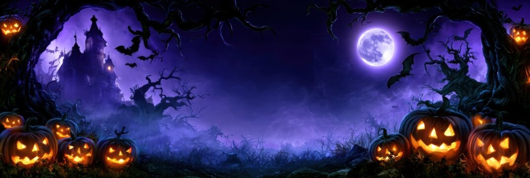 Halloween night at a haunted Victorian mansion beneath a full moon