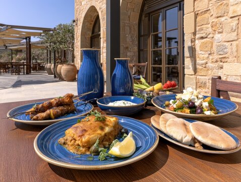 Greek dishes served on a terrace beside a stone seaside taverna