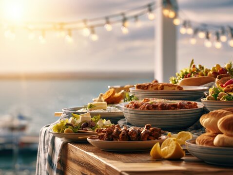 Greek Mediterranean dishes served at a seaside taverna table at sunset