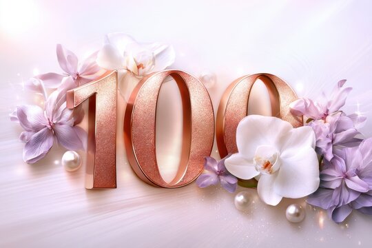 Centennial birthday greeting card with rose gold 100, orchids, flowers, and pearls