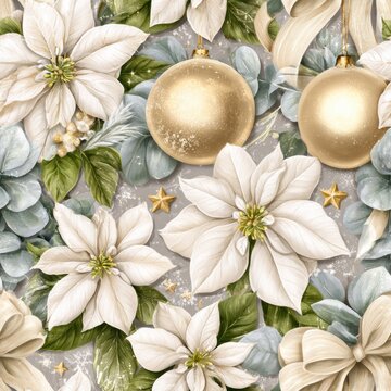Christmas poinsettias and gold ornaments arranged among green leaves
