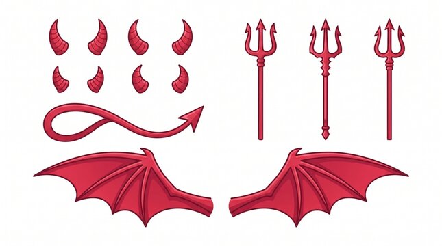 Red devil costume elements featuring horns, wings, sharp tails, and tridents for Halloween parties