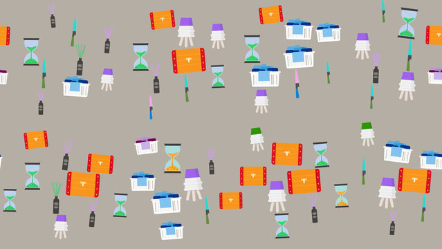 Seamless pattern of hourglasses, laundry baskets, knives, and reed
