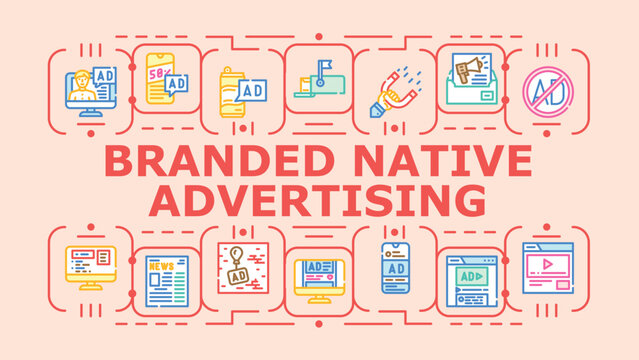 Branded native advertising banner infographic. Awareness messaging, strategy marketing, media branding icon vector illustration