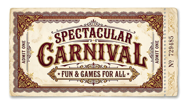 Vintage Carnival Ticket: A detailed, retro-style ticket invites attendees to a Spectacular Carnival promising Fun & Games for All, evoking a sense of nostalgic excitement and grand entertainment.