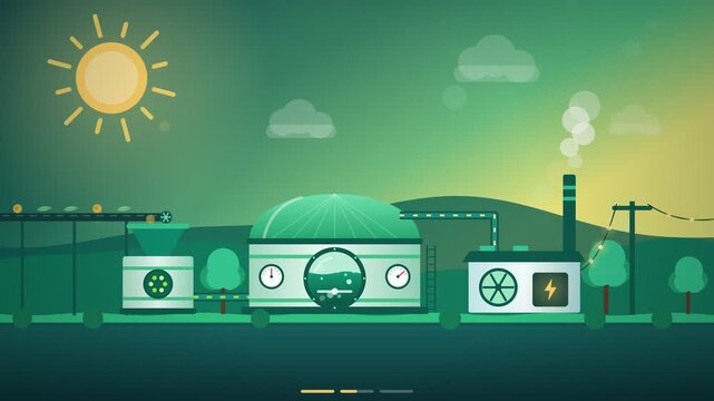Sustainable renewable energy illustration showing the motion and functional process of a modern industrial biogas plant
