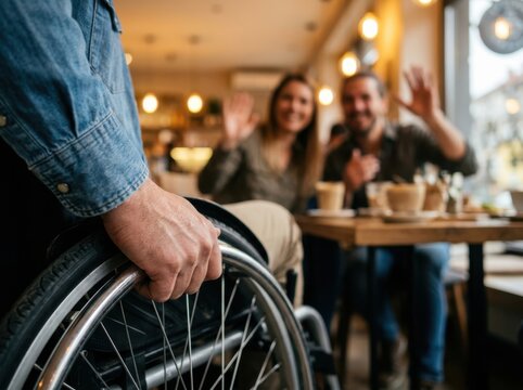 Social Inclusion Cafe. Hand of person in wheelchair in foreground while friends wave and smile at cafe table social life friendship and disability inclusion concept