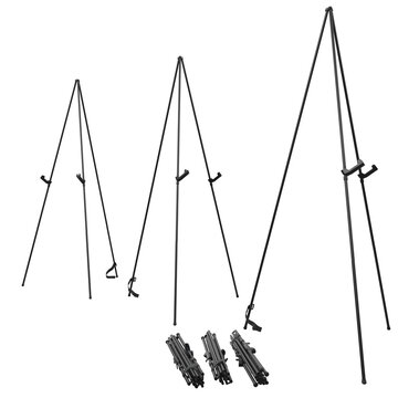 Black folding tripod easel stand mockup set in three sizes with folded easels. Portable display stands for art, presentation and signage. Isolated on white background.