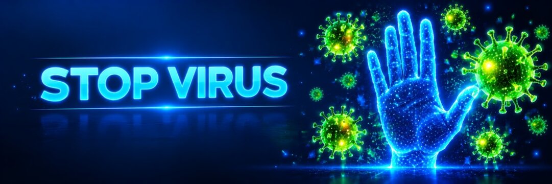 Glowing protective hand stopping virus particles for infection prevention awareness