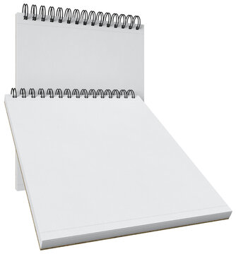 Spiral notepad mockup set with two blank sketchpads: one standing and one in perspective. Isolated on white background, clean stationery template with copy space.