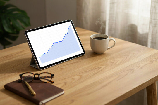 A tablet on an oak desk showing a rising area chart