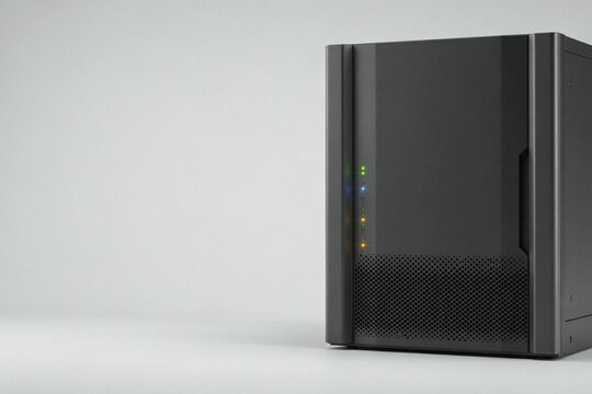 A matte black server tower with status lights on grey