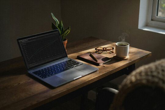 A laptop showing a rising chart on a dark wooden desk