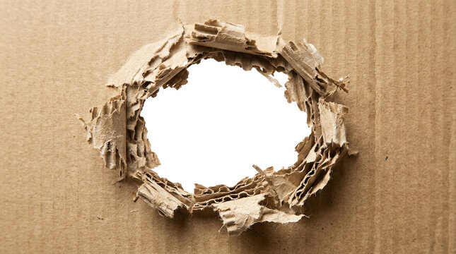 Torn hole in corrugated cardboard isolated on transparent background with rough edges texture