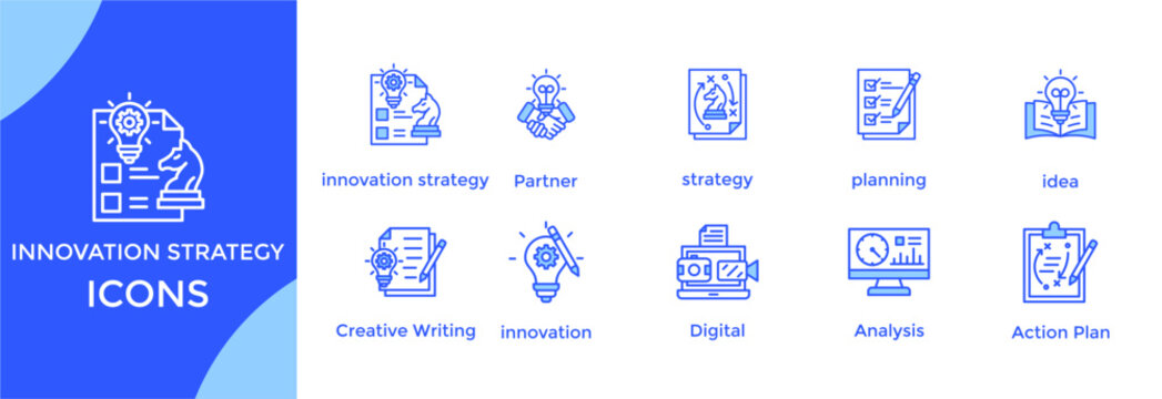 innovation strategy icon set collection pack illustration vector. with Partner, strategy, planning, idea, Creative Writing, innovation, Digital, Analysis, Action Plan icon