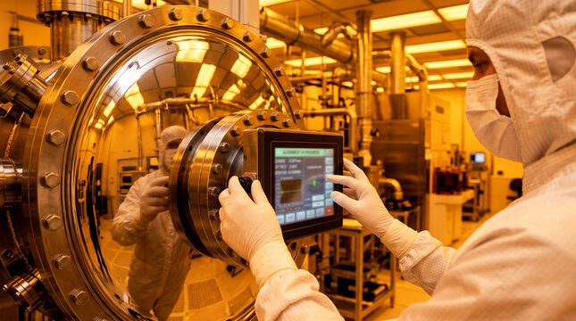 Technician in cleanroom suit operating touchscreen of vacuum chamber in semiconductor fabrication facility, high tech manufacturing