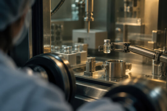 A metal robotic arm holds a small glass vial above a cylindrical holder inside an enclosed laboratory machine. A worker in protective clothing is visible at the left edge