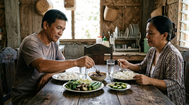 Filipino couple sharing a simple home cooked meal with rice and vegetables in a rustic family kitchen