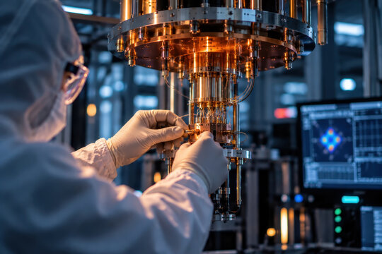 A researcher in protective clothing uses gloved hands to work on the suspended metal assembly, with laboratory instruments and monitors in the background
