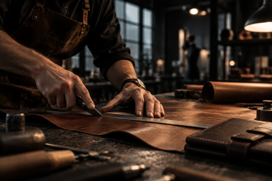 A craftsperson guides a hand tool along a leather hide on a workbench, with belts, tools, and workshop equipment nearby