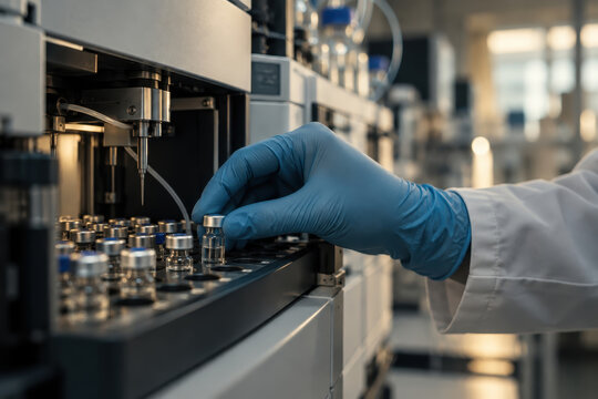 A blue-gloved hand positions a small tube in a laboratory instrument during sample analysis. Other sample vials and equipment line the work surface