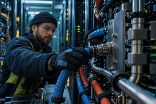 A technician wearing gloves fits a blue cooling hose to a metal connector among server racks and pipes in a data center during equipment maintenance
