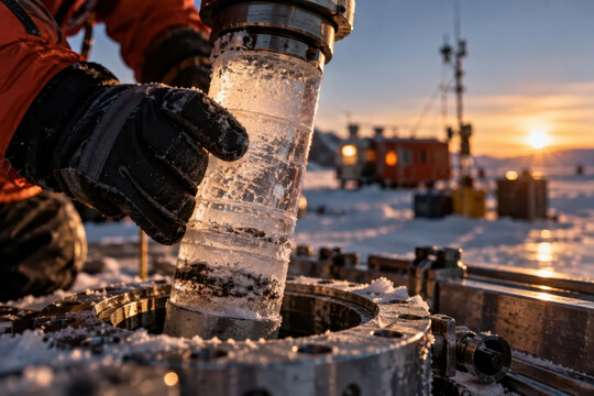 A gloved hand lifts a cylindrical ice core from a drilling apparatus at a snow-covered field station, with equipment and buildings visible in the evening light