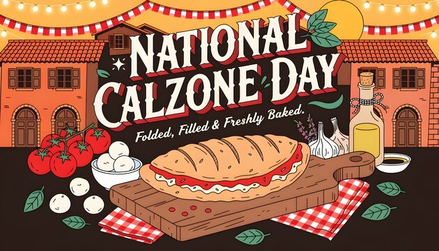 Illustrated national calzone day poster with fresh ingredients