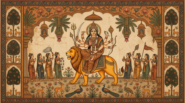 Intricate depiction of a multi-armed goddess riding a lion surrounded by devotees and nature elements in traditional art style