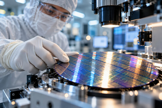 A gloved technician examines the reflective wafer on a precision stage beneath microscope optics, with laboratory equipment and monitors in the background