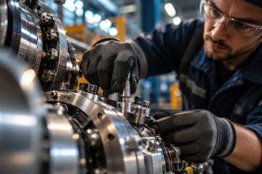 A technician in safety glasses and gloves fits small metal components into a machine inside a factory workshop. The close view focuses on hand assembly