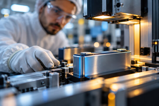 A technician wearing safety glasses and gloves checks a metal battery cell beneath an industrial inspection unit during factory production