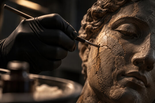 A gloved hand applies material with a fine tool along a crack on the bust's face. Work lights illuminate the repair area in a studio
