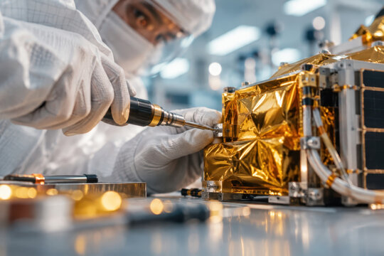 A technician in protective clothing adjusts a gold-foil-wrapped satellite component on a workbench under clean-room lighting